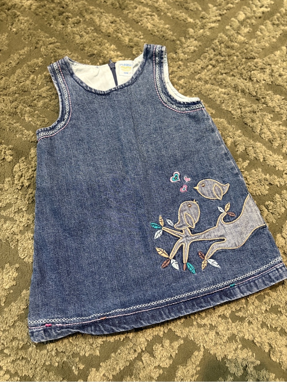 Sleeveless Denim A-Line Kids Dress with Bird Appliqué - Blue